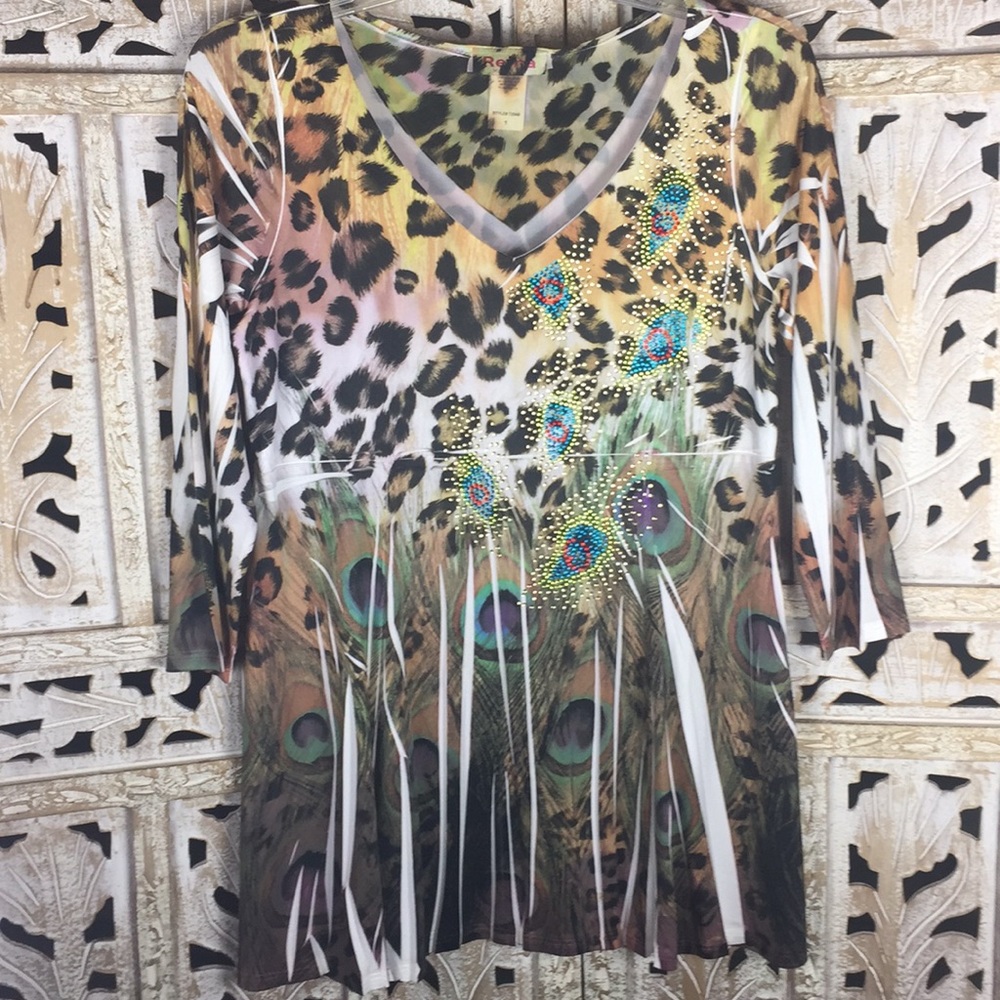 Reina Peacock Feather/Leopard Metallic Beading Top